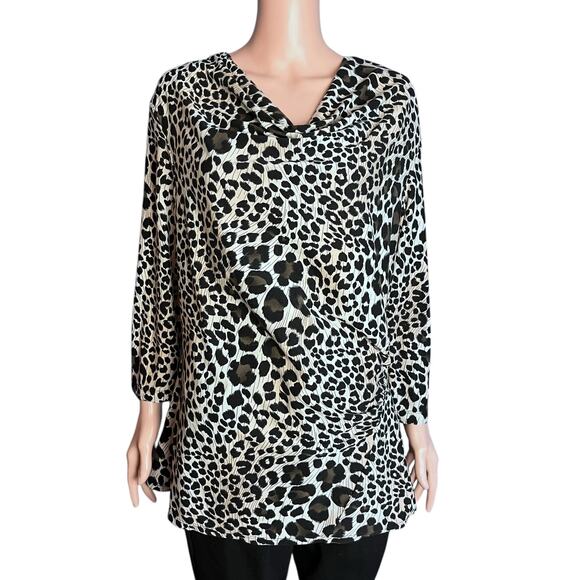 Milano Leopard Print Tunic Top Large Draped Neckline Ruched Date Night Theater - Picture 2 of 5
